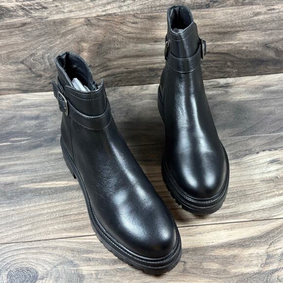 NIB Steve Madden Maezy 9.5M Black Leather Lug Sole Zip Ankle Boots - Picture 5 of 11